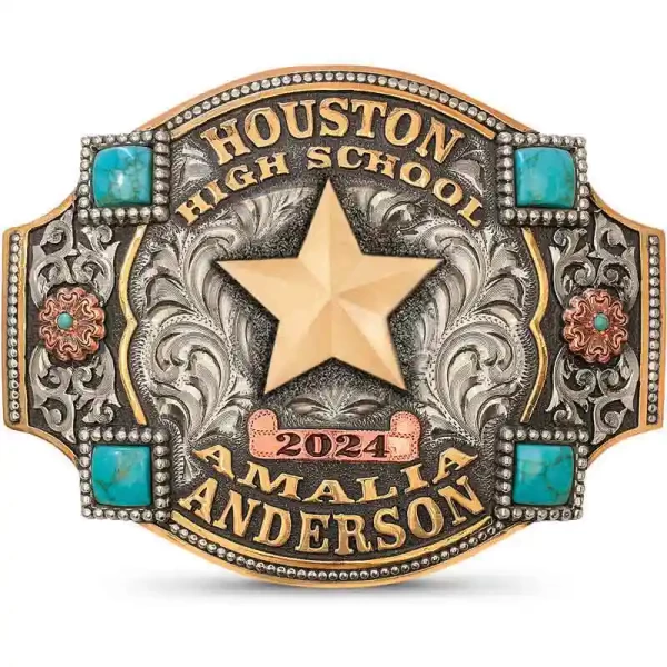 Celebrate with the Katy Belt Buckle, our mini champion belt design!  Crafted on a hand engraved base adorned with fine beads, Jeweler's Bronze, highlighted by four simulated turquoise stones. Personalize it with your name for a truly memorable keepsake!